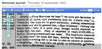 1852i 16th September Worcester Journal - Reports on Hop crops