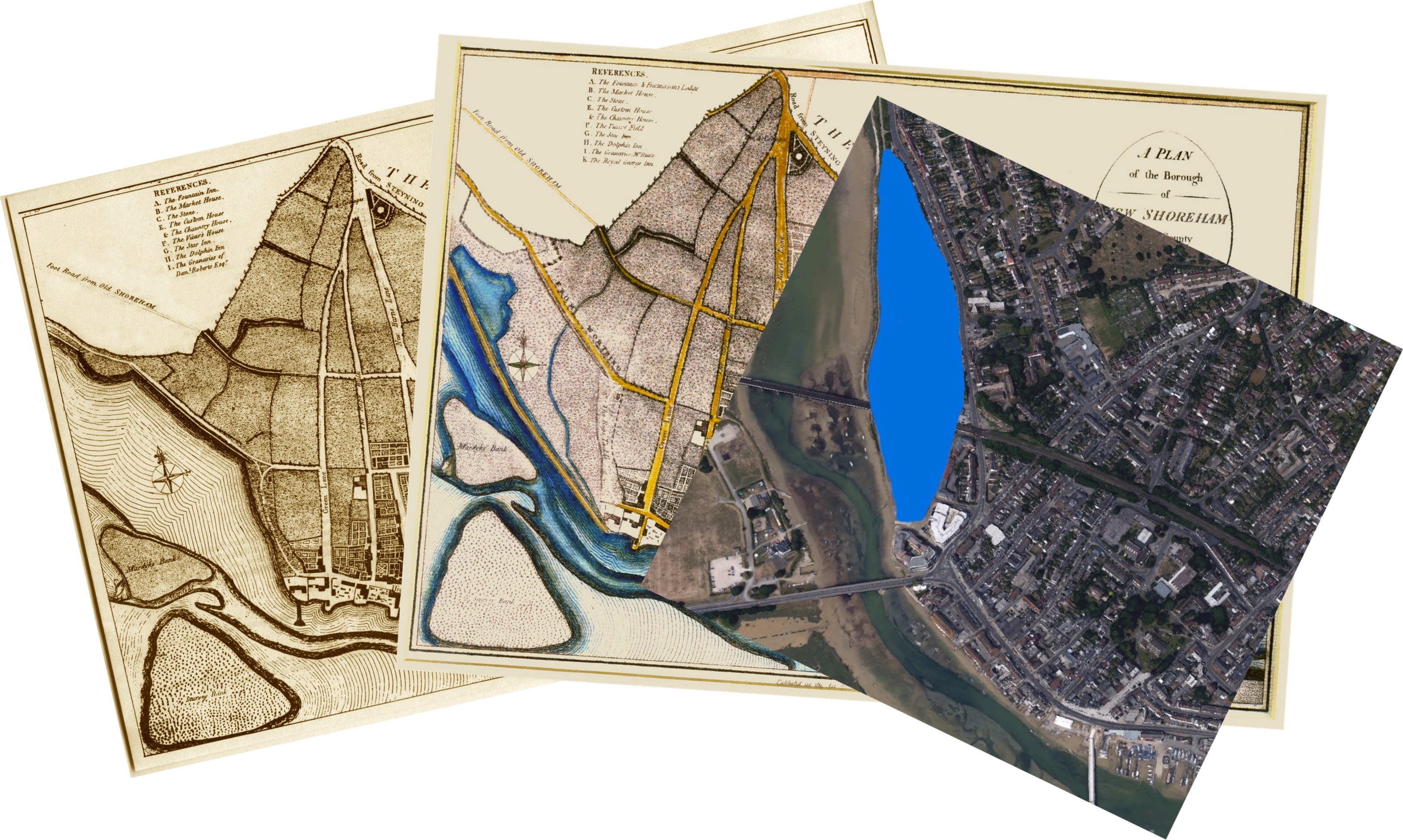 2 Maps of Ropetackle before (1789) after (1817) the new river bank was built and satellite view of the complete area of the mill pond