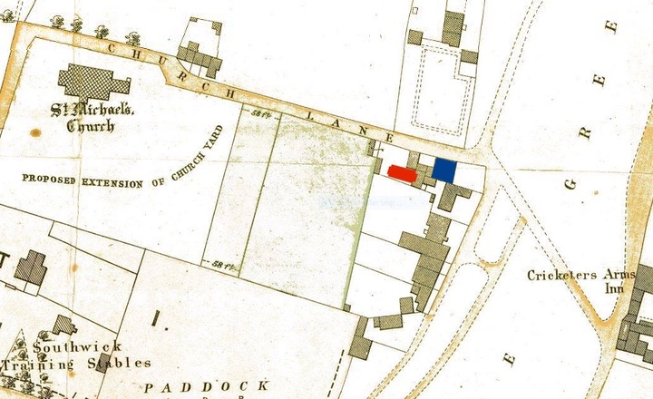 Macintosh HD:Users:rogerbateman:Desktop:Indian :3 1897 map showing Ivy Cottage (blue) and the outbuildings then with the later Indian Temple (red).jpg
