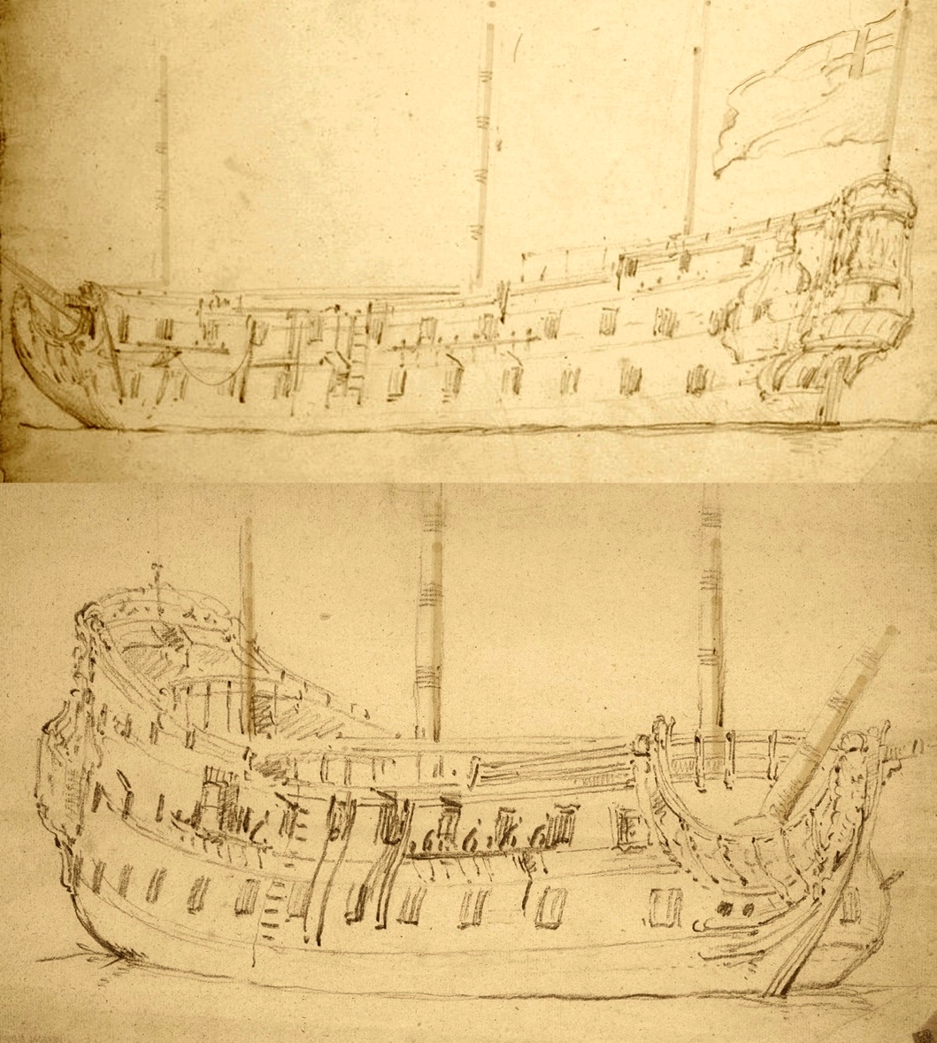 1675 sketch of HMS Dover (top) and the front three-quarter view of a similar vessel