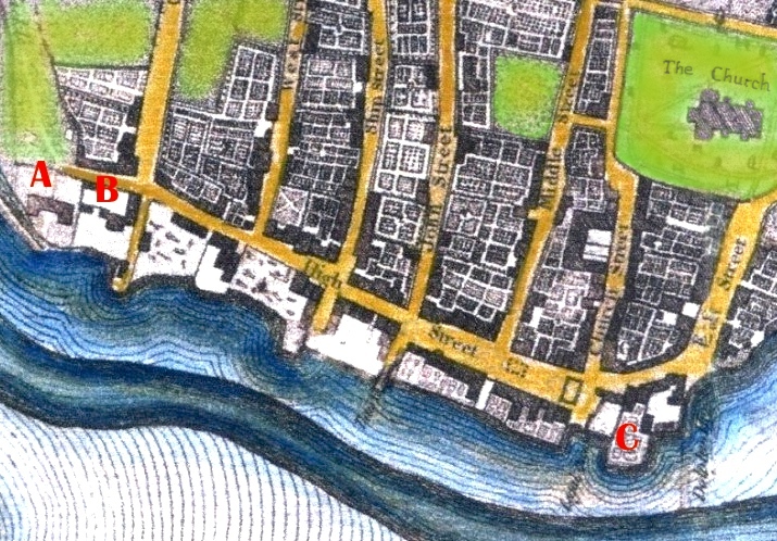 1c Shoreham in the early 1800's showing the barracks at Ropetackle A = Mill Green, B = King's Head and at C = Star Gap (now Coronation Green) copy