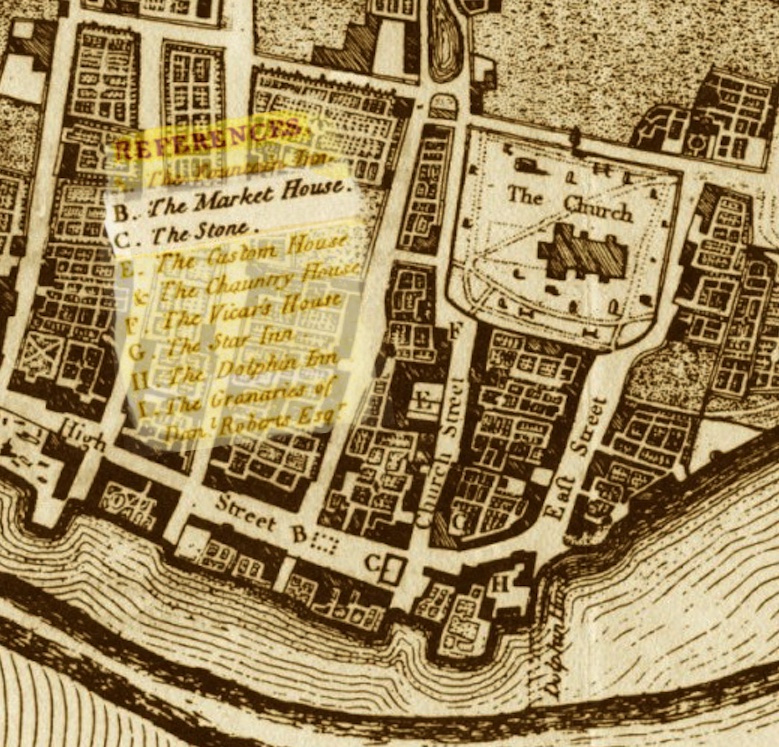 Macintosh HD:Users:rogerbateman:Desktop:Back Up Articles, Photos Etc.,:SNIPPETS:Market House Posts:1. Detail from the 1789 map showing 'B' the site of the market house and 'C' the stone (note; not stones). .jpg