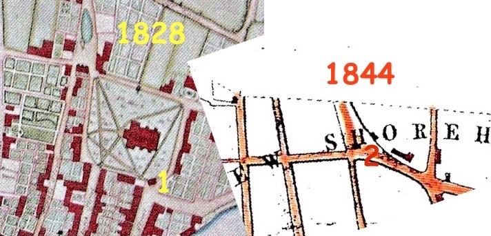 Macintosh HD:Users:rogerbateman:Desktop:Back Up Articles, Photos Etc.,:SNIPPETS:Market House Posts:3. The possible footprints of the moved buildings in East Street (1) and Southdown Road (2).jpg