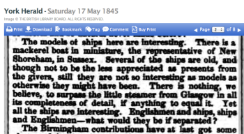 1845e 17 May York Herald re exhibits in model room of a bazaar