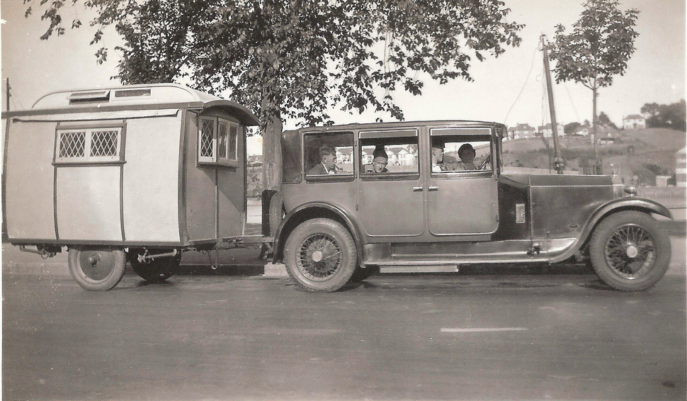 Description: Macintosh HD:Users:rogerbateman:Desktop:Stanley Geraldine in passenger seat Devon or Cornwall 1930 Jon Spence caravan looks like an Eccles caravan.png