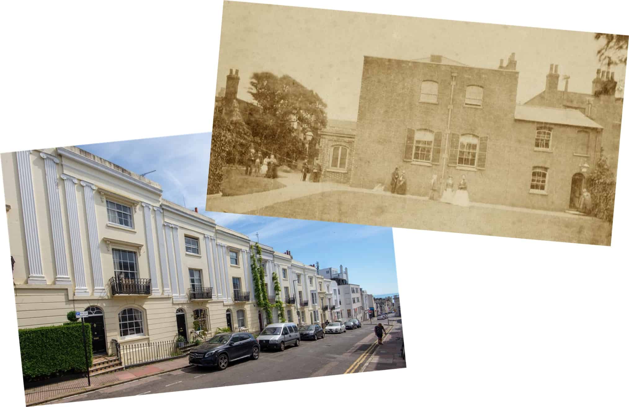 Macintosh HD:Users:rogerbateman:Desktop:Neil42:L4b Left/ Hampton Place, in the 1830's a mixture of upper and middle class houses (photo Lextons). Right/ Ship Street Meeting House (photo My Brighton & Hove).jpg